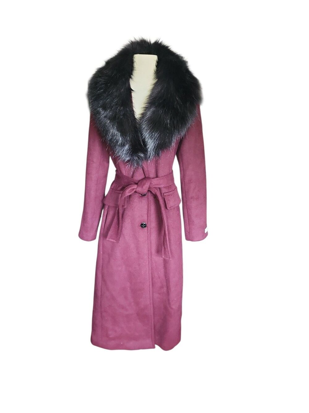Calvin Klein Wool Blend Full Length Coat 8 Burgundy Removable Faux Fur Collar